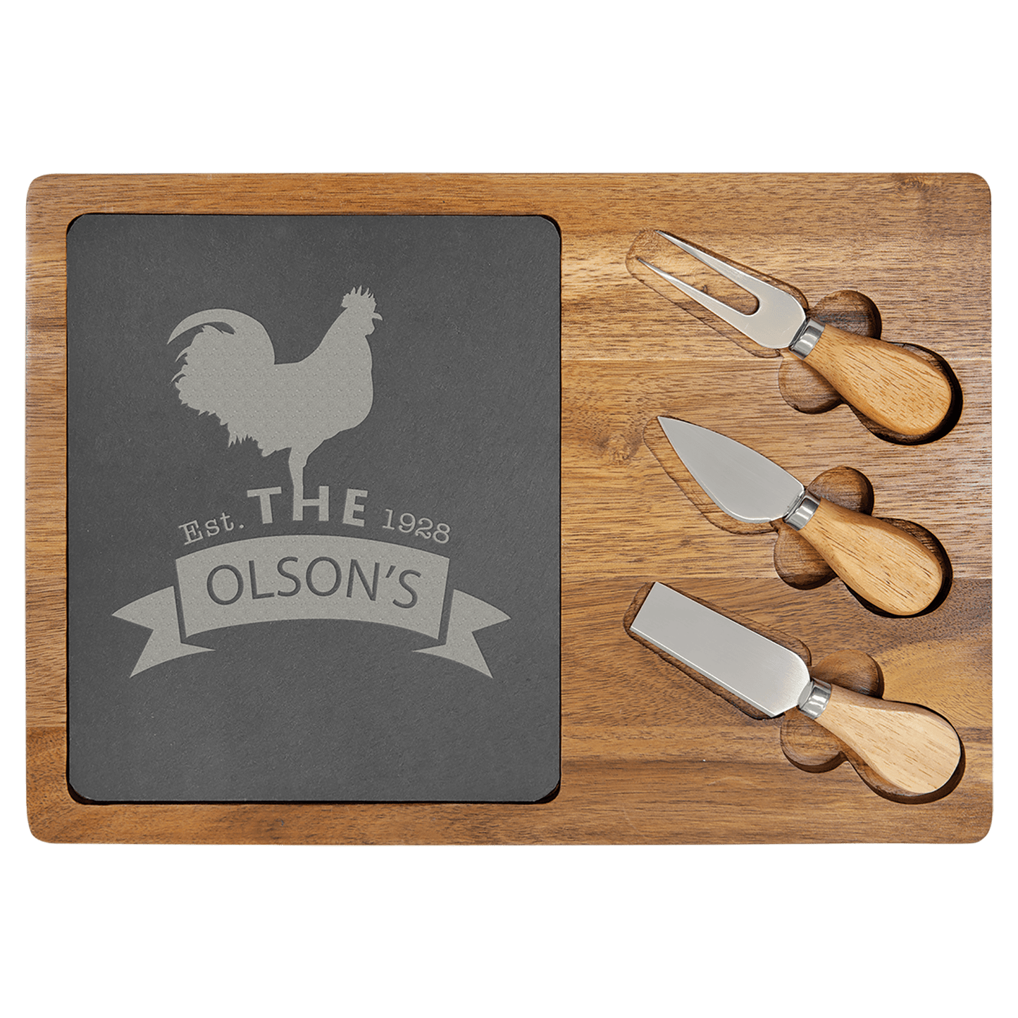 Acacia Wood/Slate Rectangle Cheese Set with Three Tools 13 3/4" x 9 3/4"