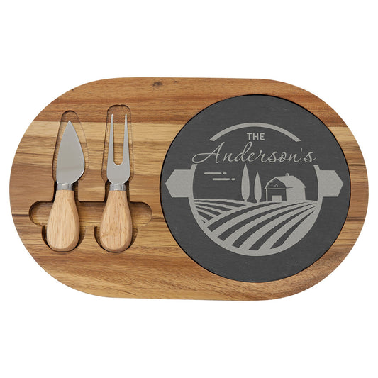 Acacia Wood/Slate Oval Cheese Set with Two Tools 12 1/2" x 7 3/4"