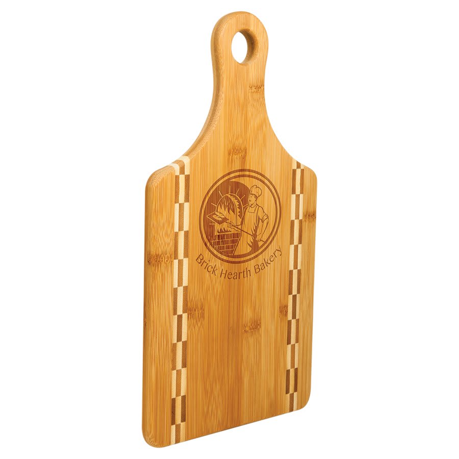 Cutting Board - Bamboo Paddle Shape with Butcher Block Inlay 13 1/2" x 7"